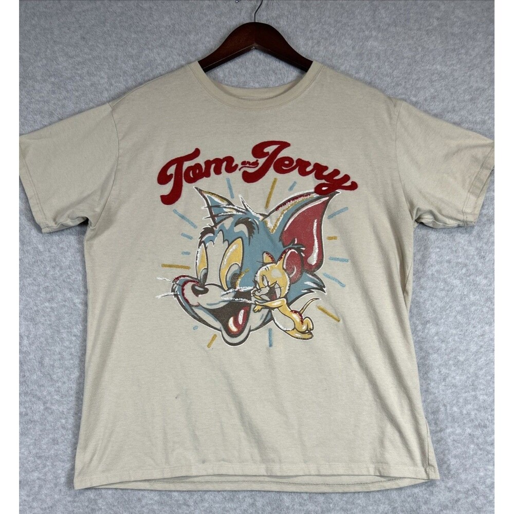 Freeze Mens Size L Beige Tom and Jerry Graphic Cotton Blend T-Shirt Embroidered